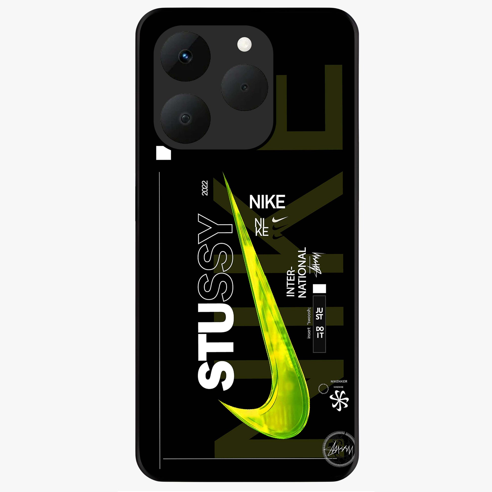 Neon Street Edition Glass Case showing flat back view with neon street style artwork and glossy glass finish.