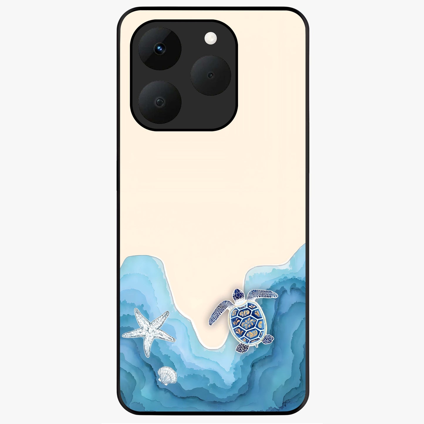 Ocean Drift Turtle Glass Case showing flat back view with sea turtle artwork and glossy glass finish.