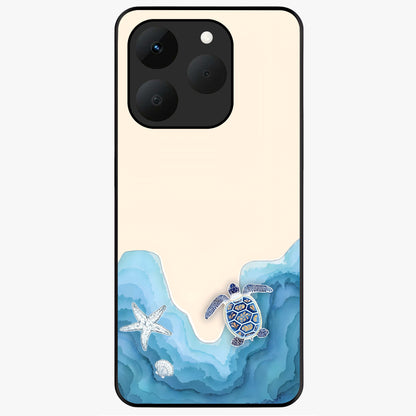 Ocean Drift Turtle Glass Case showing flat back view with sea turtle artwork and glossy glass finish.