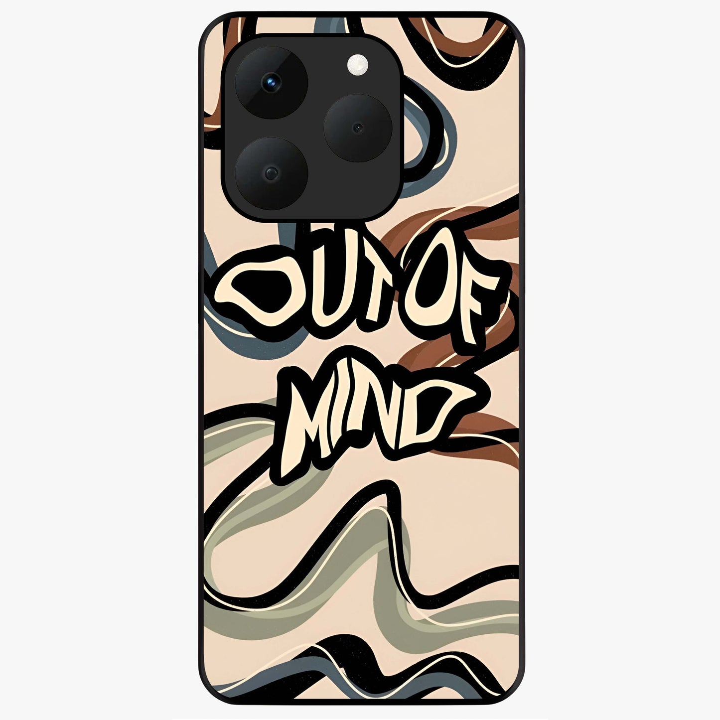 Out Of Mind Glass Case showing flat back view with expressive typography artwork and glossy glass finish.
