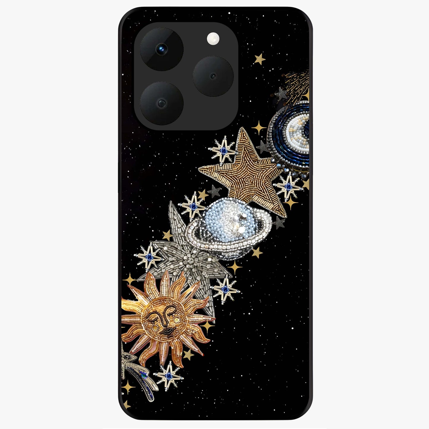 Pearls Universe Object Glass Case showing flat back view with pearl inspired cosmic artwork and glossy glass finish.