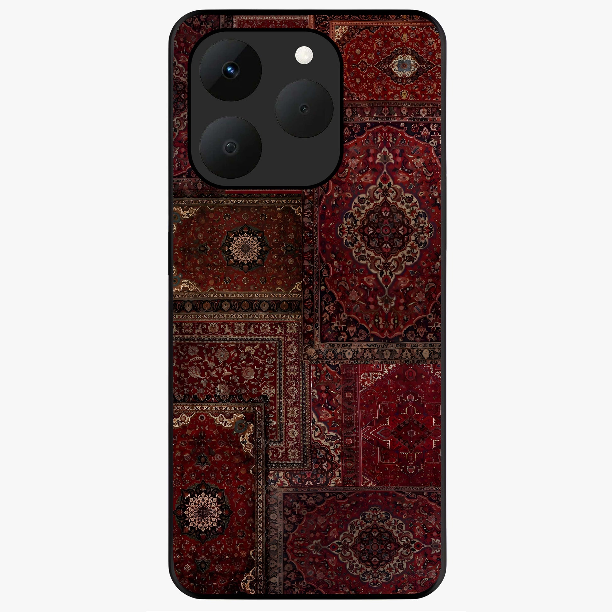 Persian Velvet Tale Glass Case showing flat back view with luxurious Persian velvet pattern artwork and glossy glass finish.