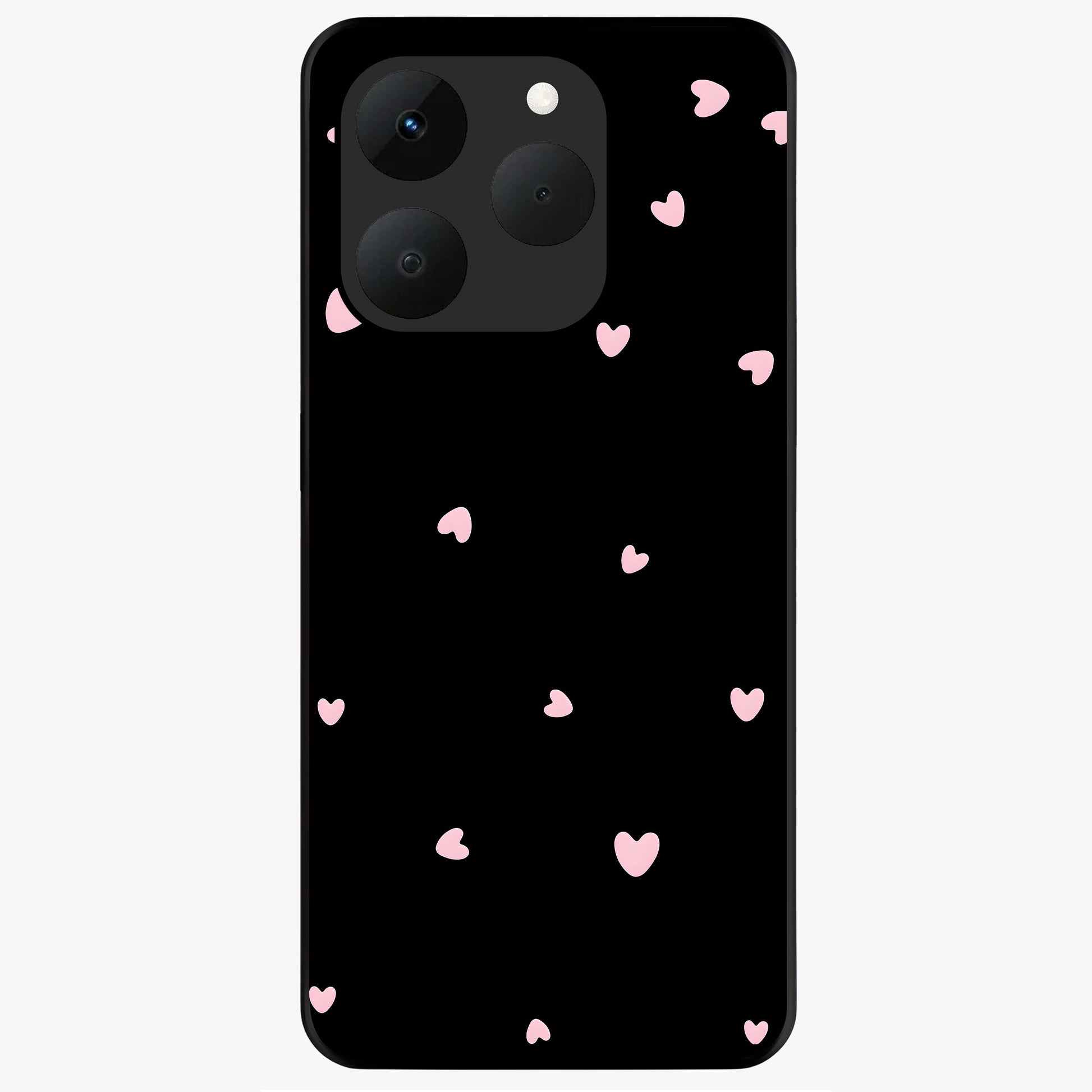 Pink Love Drops Glass Case showing flat back view with playful pink heart drops artwork and glossy glass finish.