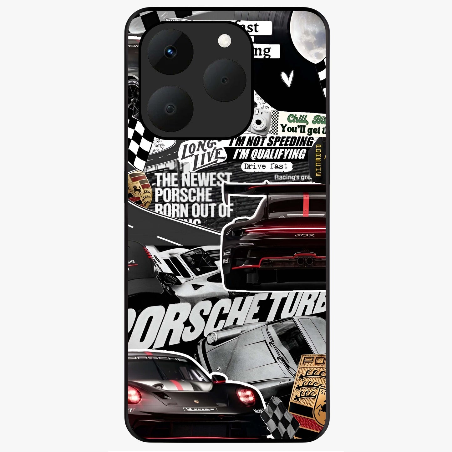 Porsche Racing Collage Glass Case showing flat back view with sports car racing collage artwork and glossy glass finish.
