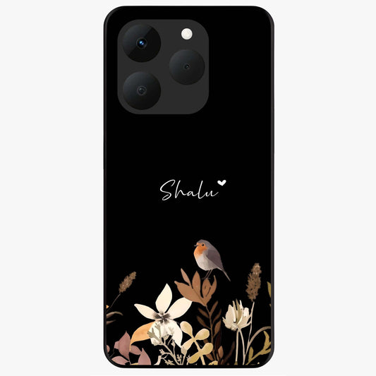 Quiet Garden Tune Custom Name Glass Case showing flat back view with peaceful garden artwork and personalized name design.