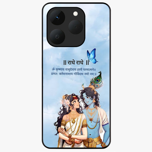 Radha Krishna Eternal Glass Case showing flat back view with Radha Krishna devotional artwork and glossy glass finish.