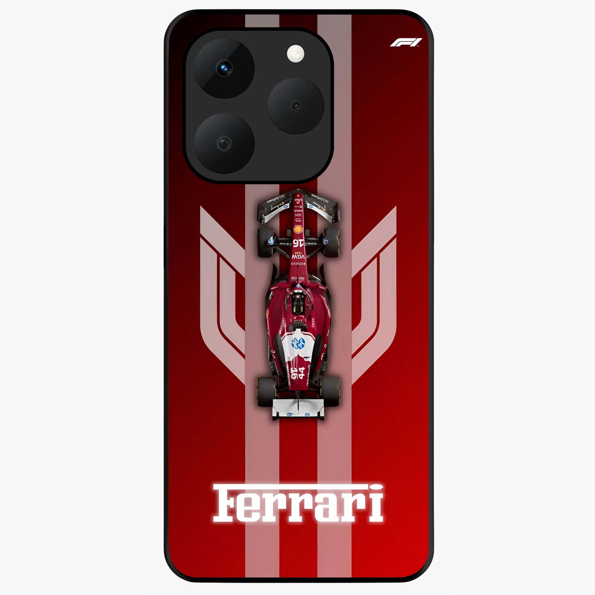 Red Ferrari F1 Vertical Glass Case showing flat back view with sleek Formula racing car artwork and glossy glass finish.