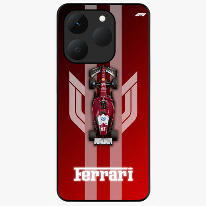 Red Ferrari F1 Vertical Glass Case showing flat back view with sleek Formula racing car artwork and glossy glass finish.