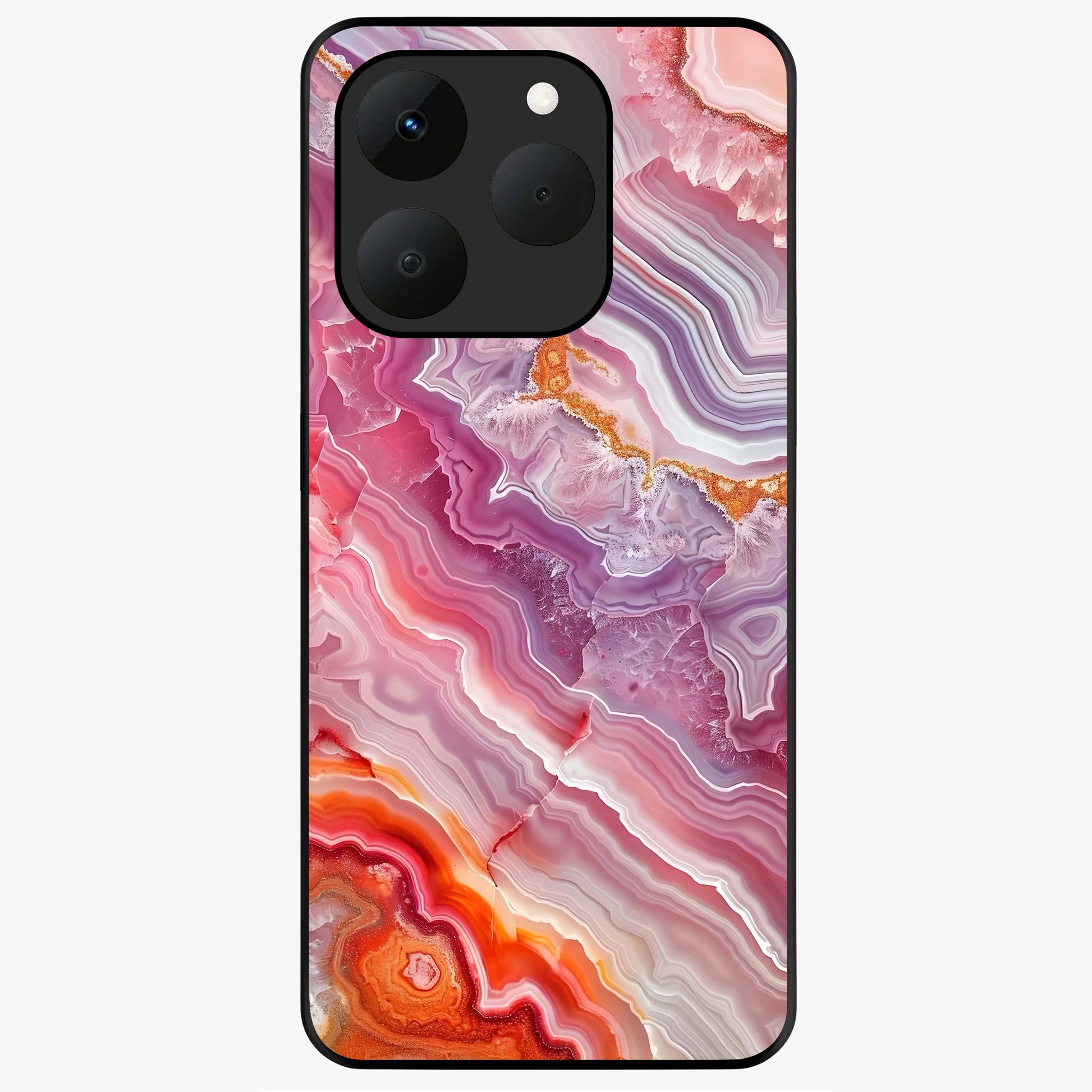 Rose Quartz Marble Glass Case showing flat back view with pink marble quartz texture artwork and glossy glass finish.