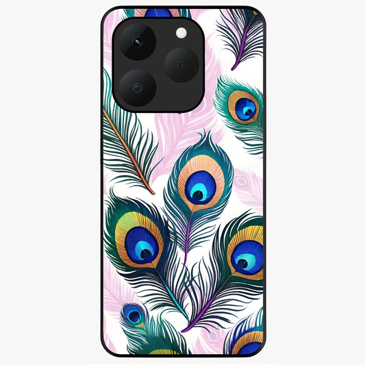 Royal Peacock Feathers Glass Case showing flat back view with colorful peacock feather artwork and glossy glass finish.