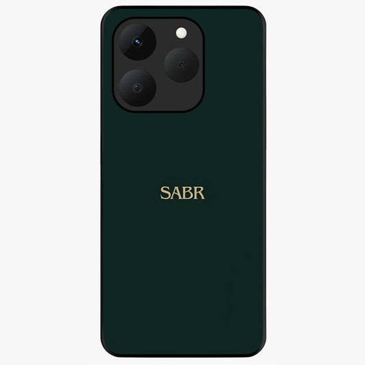 Sabr Minimal Patience Glass Case showing flat back view with minimalist typography artwork and glossy glass finish.