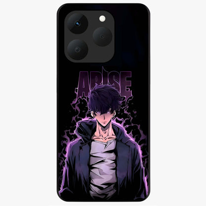 Shadow Monarch Awakening Glass Case showing flat back view with powerful dark monarch themed artwork and glossy glass finish.