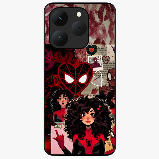 Spider Love Story Glass Case showing flat back view with romantic superhero themed artwork and glossy glass finish.