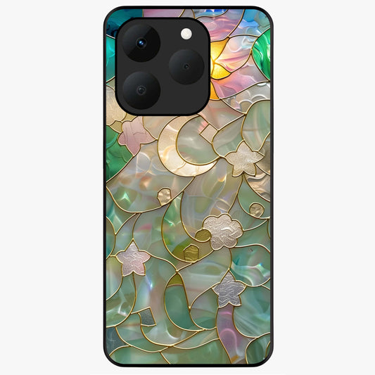 Stained Sunrise Glow Glass Case showing flat back view with glowing sunrise stained pattern artwork and glossy glass finish.