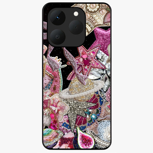 Starlit Jewel Dream Glass Case showing flat back view with sparkling jewel and star themed artwork and glossy glass finish.