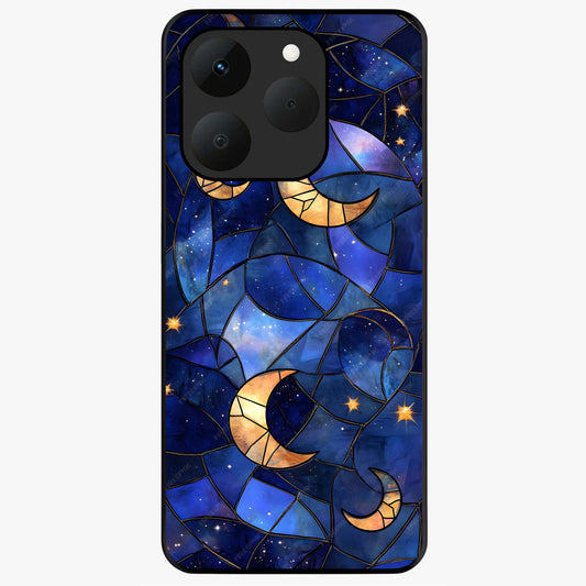 Starlit Sky Tapestry Glass Case showing flat back view with decorative starry sky tapestry artwork and glossy glass finish.