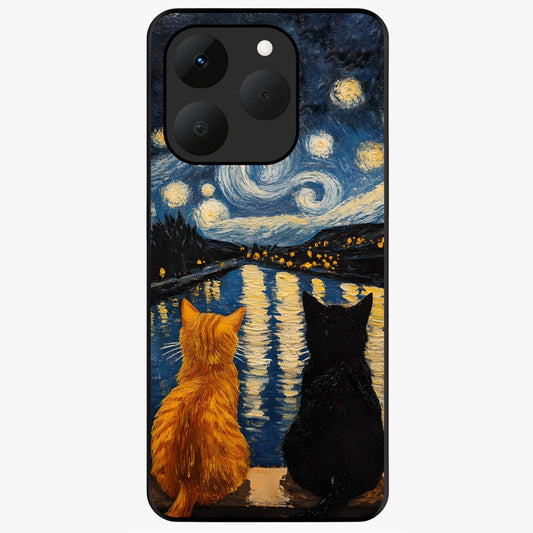 Starry River Cats Glass Case showing flat back view with cats by a starry river artwork and glossy glass finish.
