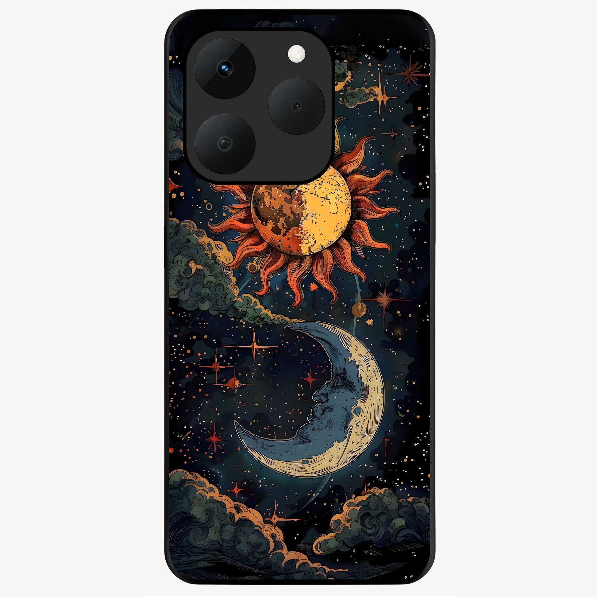 Sun And Moon Magic Design Glass Case showing flat back view with mystical sun and moon artwork and glossy glass finish.