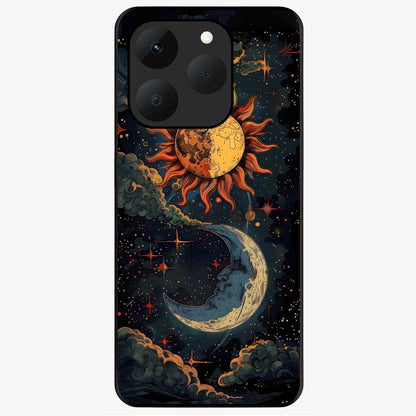 Sun And Moon Magic Design Glass Case showing flat back view with mystical sun and moon artwork and glossy glass finish.