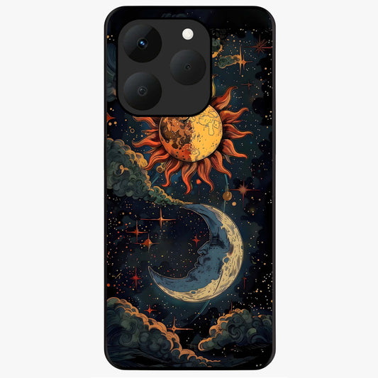 Sun And Moon Magic Design Glass Case showing flat back view with mystical sun and moon artwork and glossy glass finish.