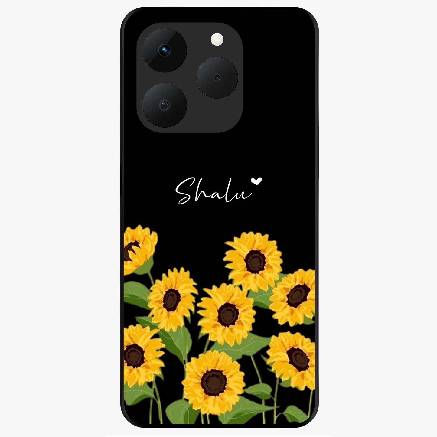 Sunflower Chic Mood Custom Name Glass Case showing flat back view with stylish sunflower artwork and personalized name design.