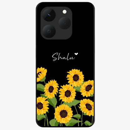 Sunflower Chic Mood Custom Name Glass Case showing flat back view with stylish sunflower artwork and personalized name design.