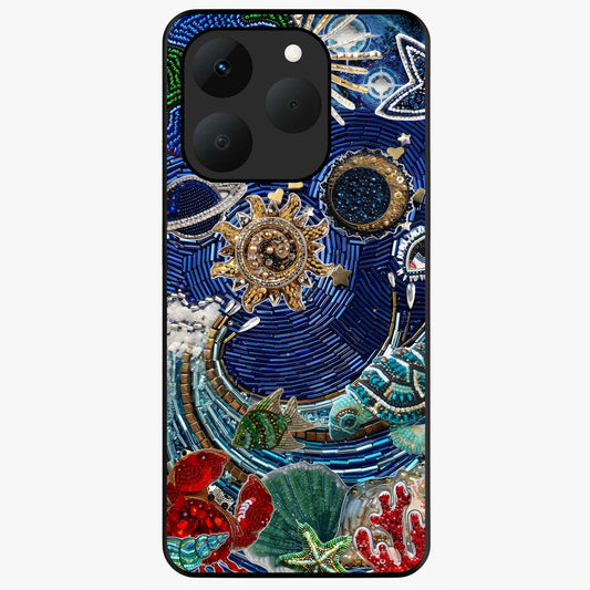Universe Underwater Spark Glass Case showing flat back view with cosmic underwater themed artwork and glossy glass finish.