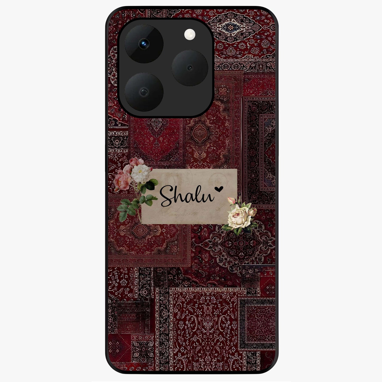 Velvet Wine Pattern Custom Name Glass Case showing flat back view with elegant wine colored pattern artwork and personalized name design.