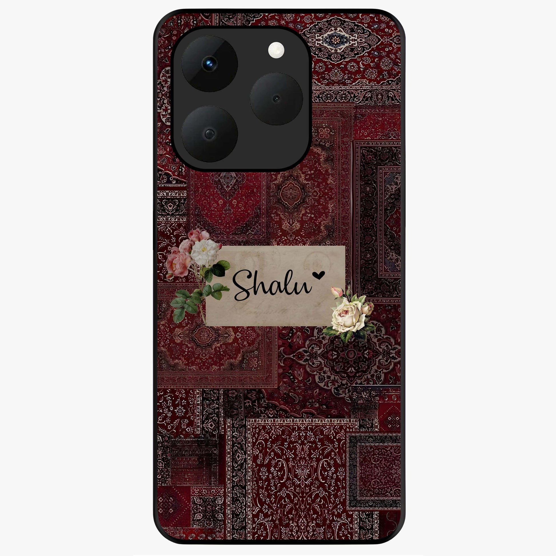 Velvet Wine Pattern Custom Name Glass Case showing flat back view with elegant wine colored pattern artwork and personalized name design.