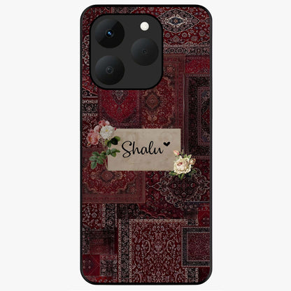 Velvet Wine Pattern Custom Name Glass Case showing flat back view with elegant wine colored pattern artwork and personalized name design.