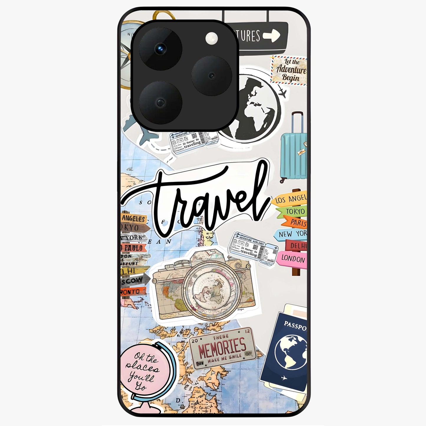 Wanderlust Journal Glass Case showing flat back view with travel inspired artwork and glossy glass finish.