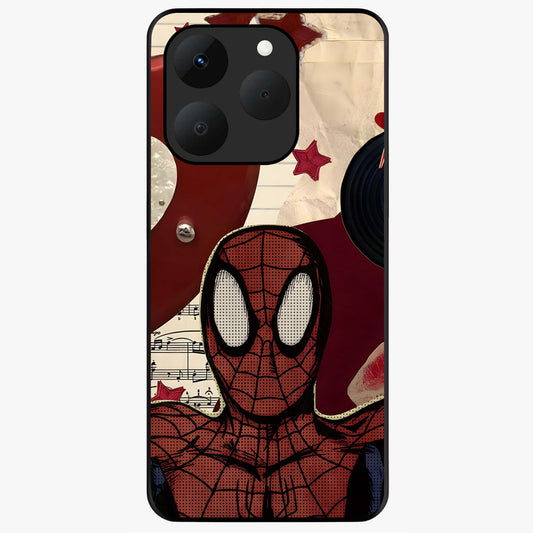 Web Warrior Vibes Glass Case showing flat back view with superhero inspired web themed artwork and glossy glass finish.