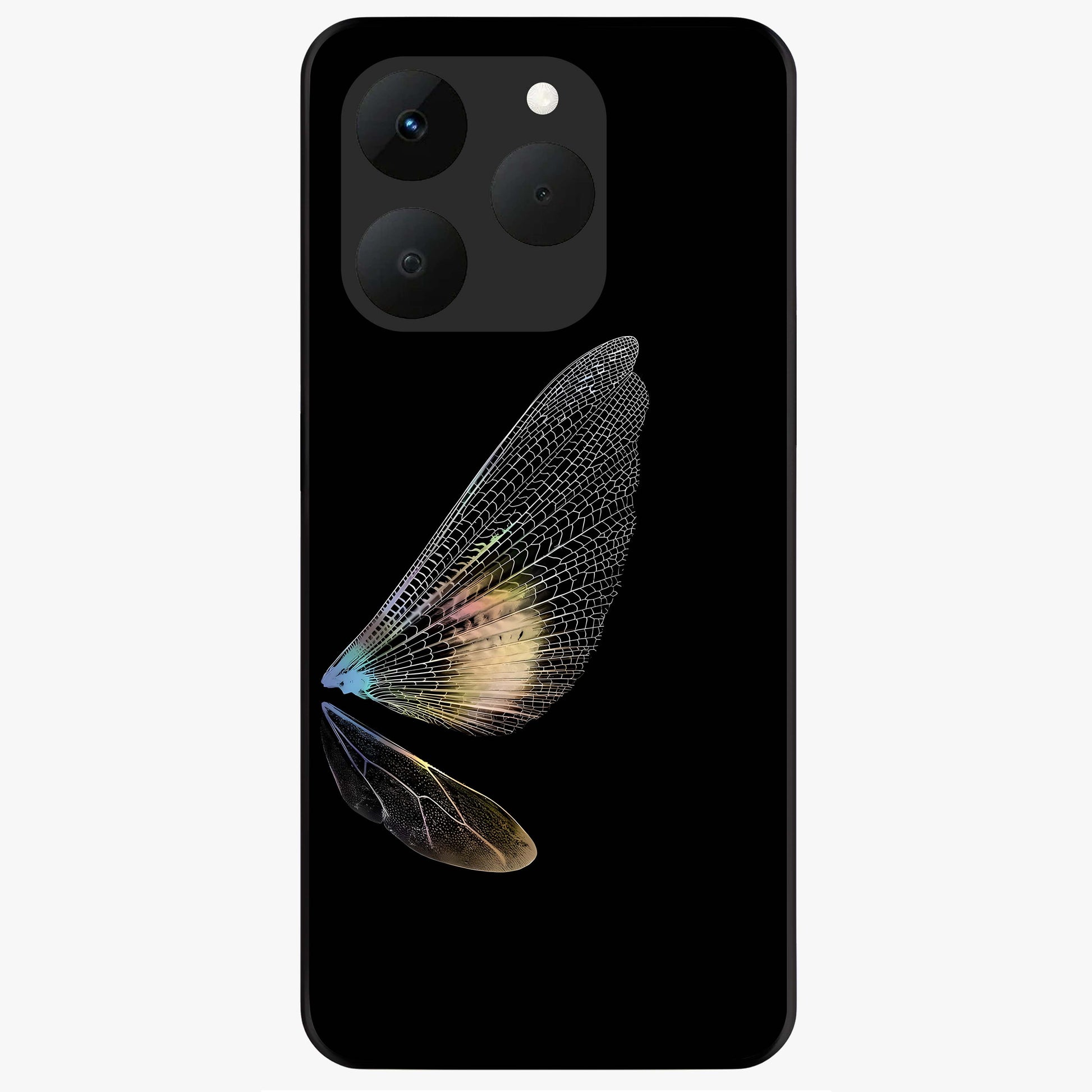 Whispers Of Wings Glass Case showing flat back view with graceful wing inspired artwork and glossy glass finish.