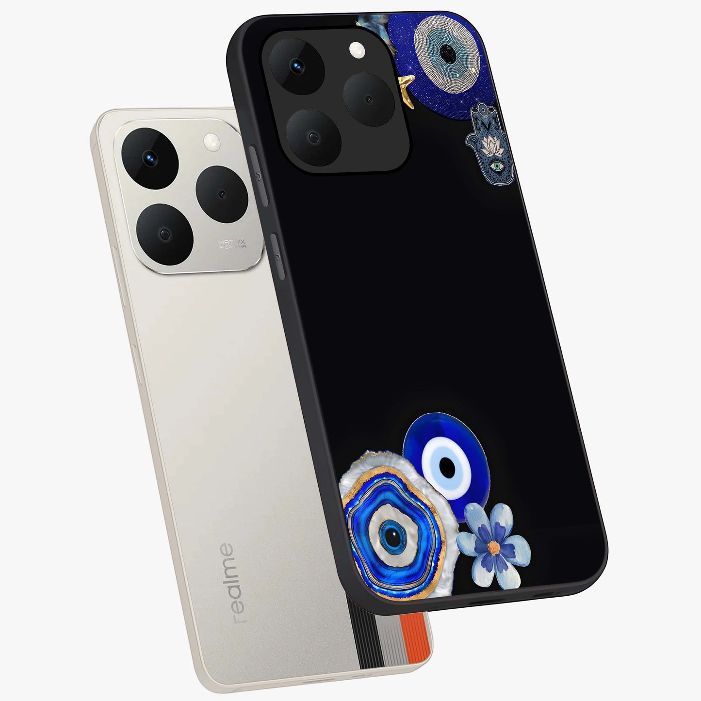 Aesthetic Blue Evil Eye Glass Case displayed in angled mockup highlighting blue evil eye symbol and spiritual aesthetic design.