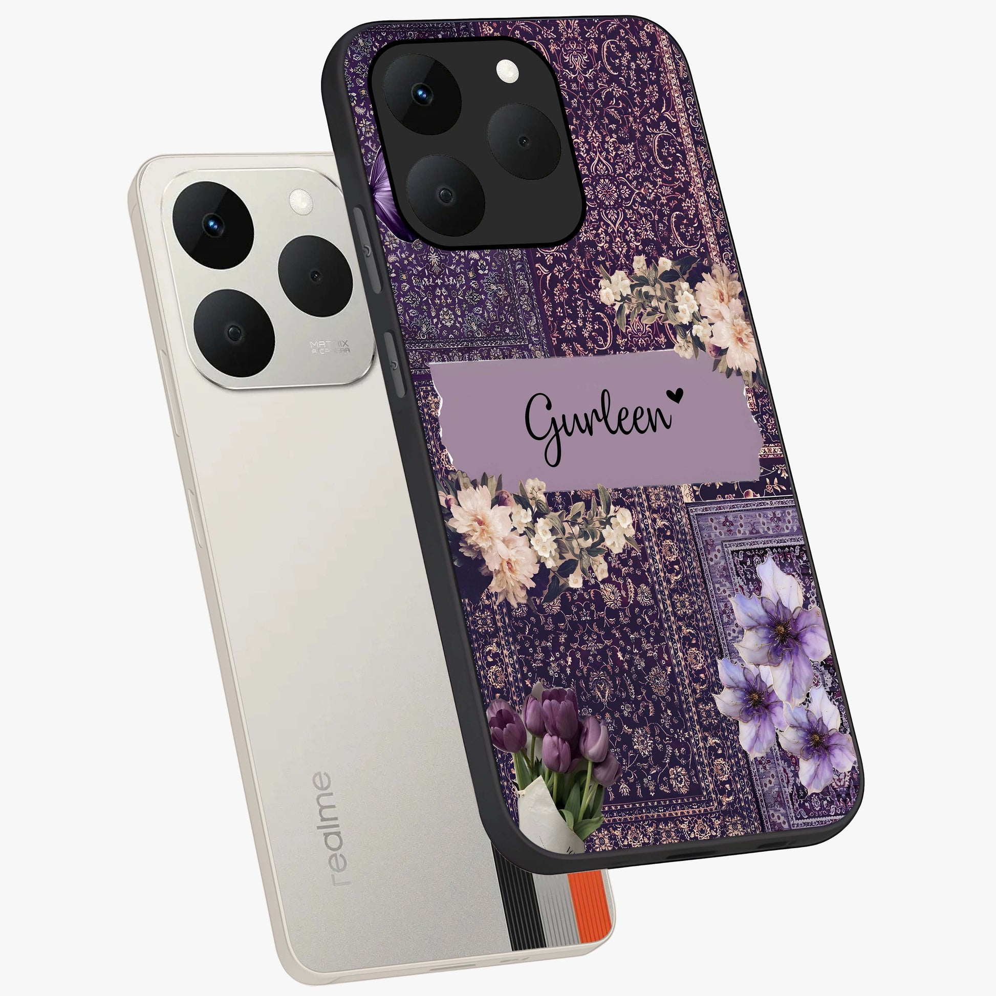 Antique Floral Whisper Custom Name Glass Case displayed in angled mockup highlighting elegant antique floral aesthetic.