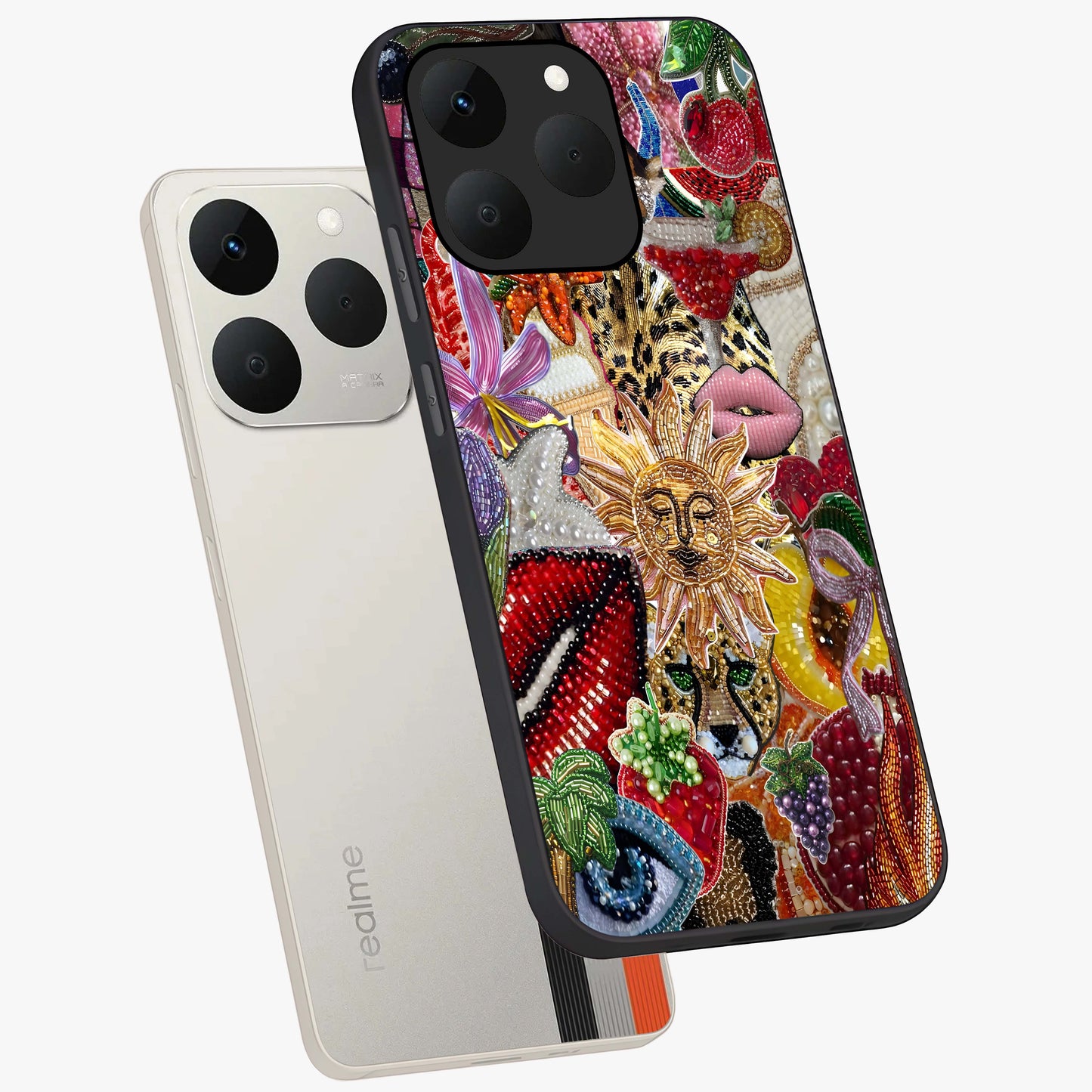 Beaded Fashion Jungle Glass Case displayed in angled mockup highlighting colorful fashion bead design and artistic pattern.