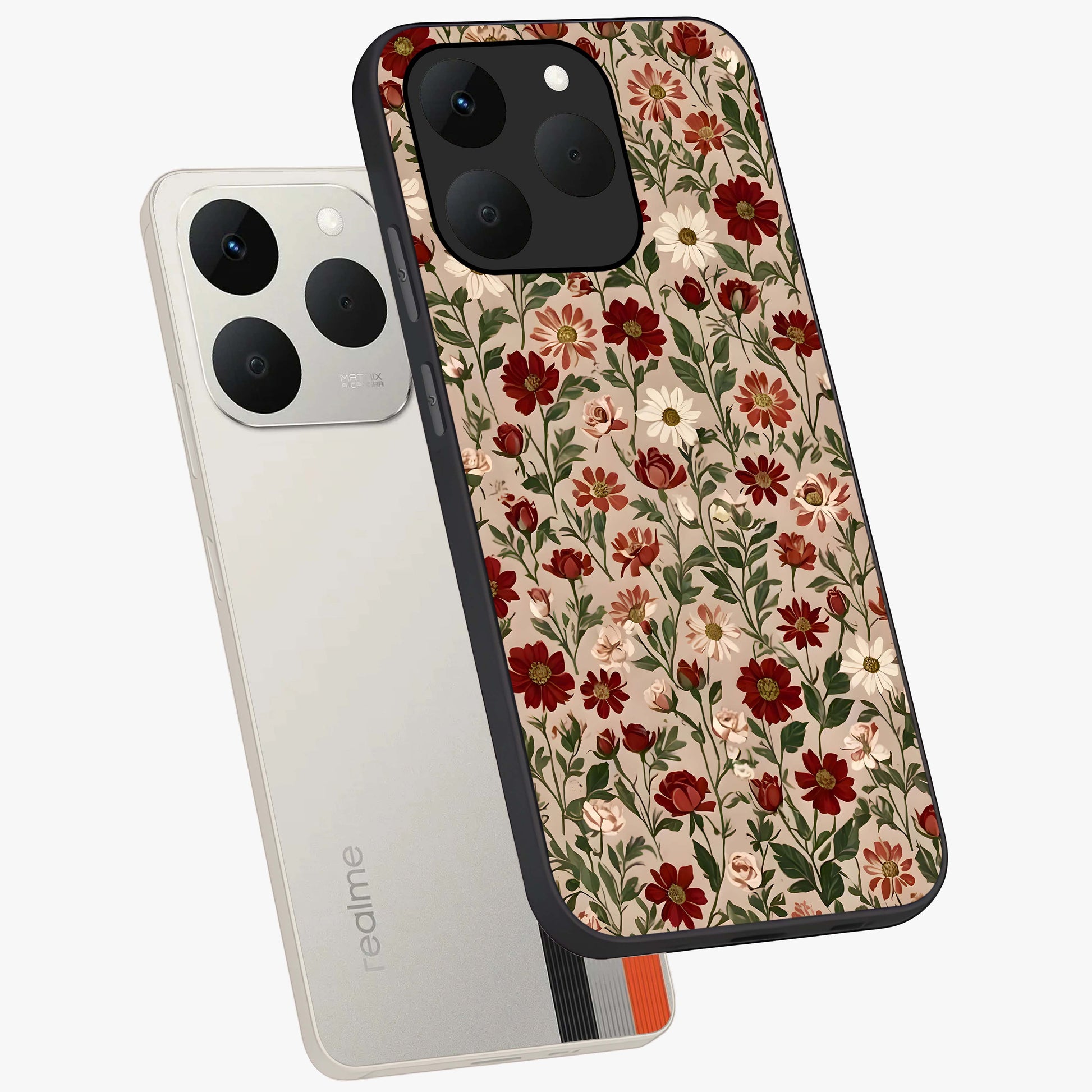 Biege Flower With Leaf Glass Case displayed in angled mockup highlighting minimal floral leaf design and elegant aesthetic.