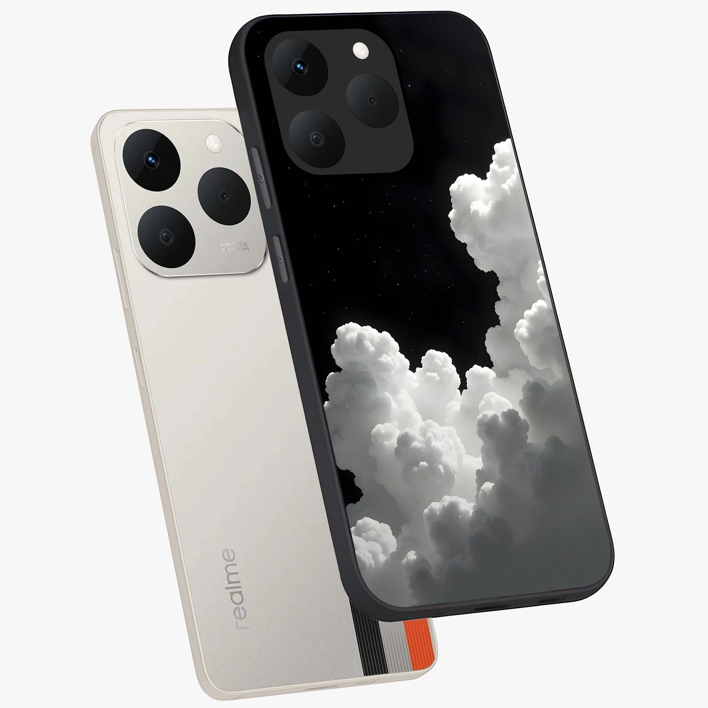 Black Background With White Cloud Glass Case displayed in angled mockup highlighting soft white cloud illustration and minimal design.