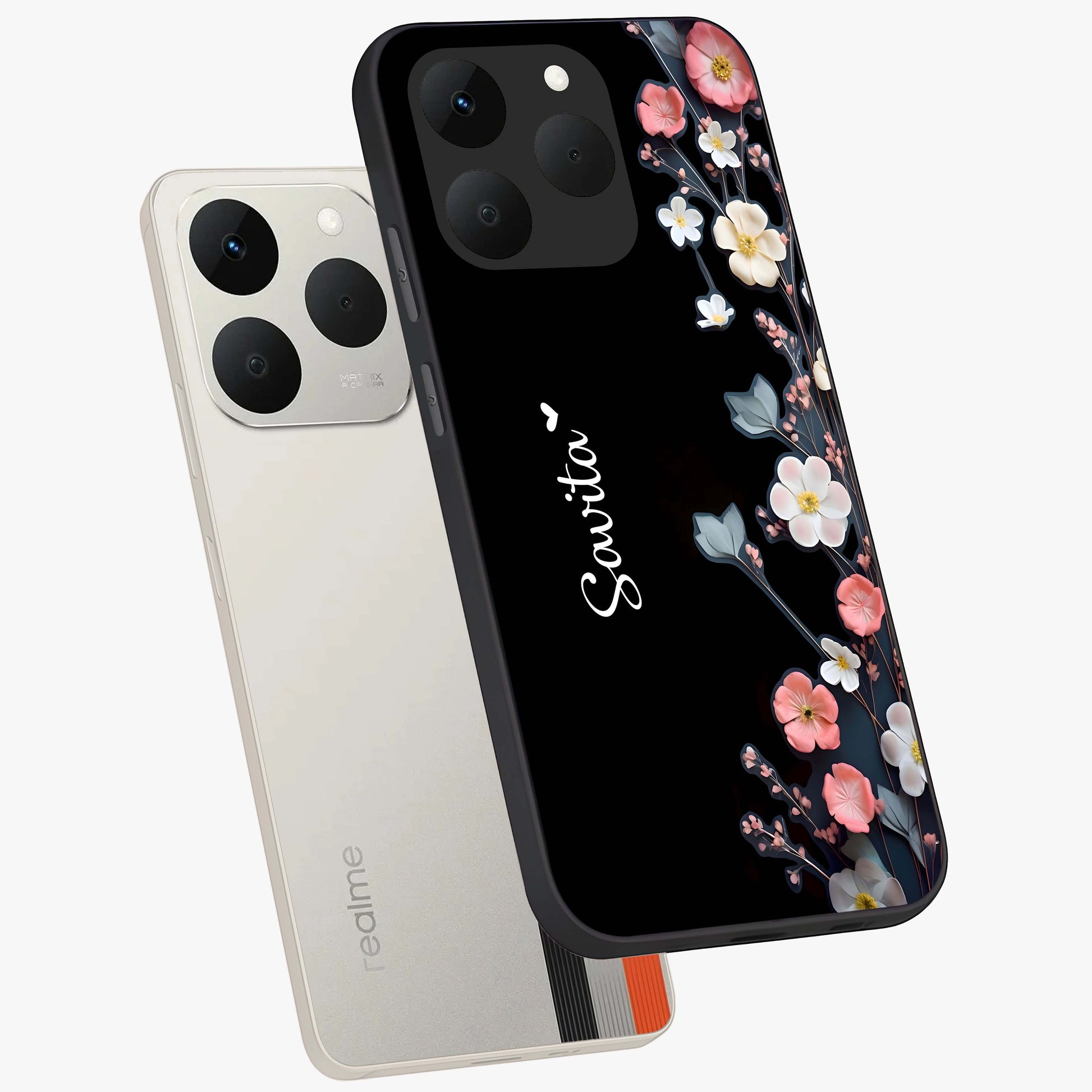 Black Elegance Floral Custom Name Glass Case displayed in angled mockup highlighting dark floral aesthetic and custom name feature.