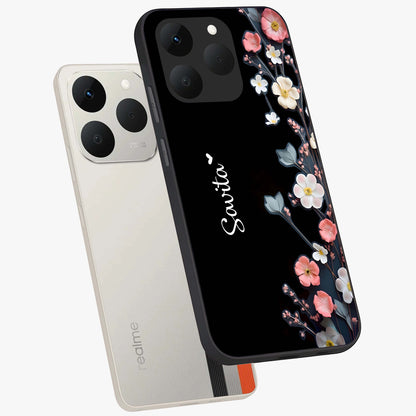 Black Elegance Floral Custom Name Glass Case displayed in angled mockup highlighting dark floral aesthetic and custom name feature.