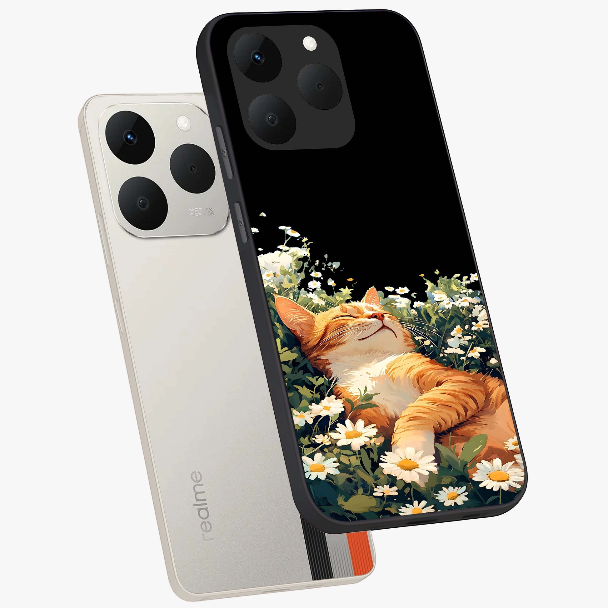 Blissful Bloom Cat Glass Case displayed in angled mockup highlighting playful feline illustration with soft floral aesthetic.