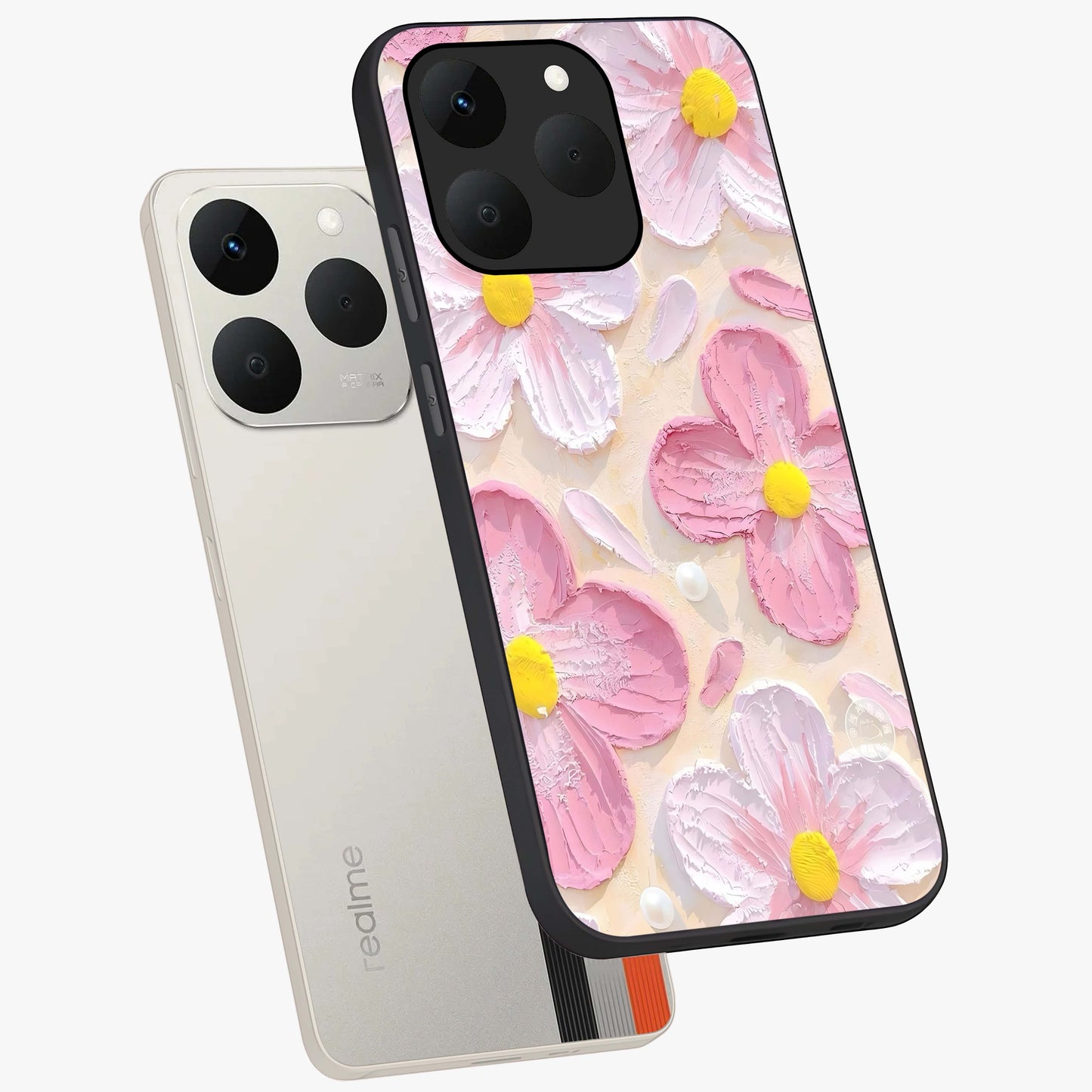 Blush Bloom Texture Glass Case displayed in angled mockup highlighting subtle bloom pattern with aesthetic pastel design.