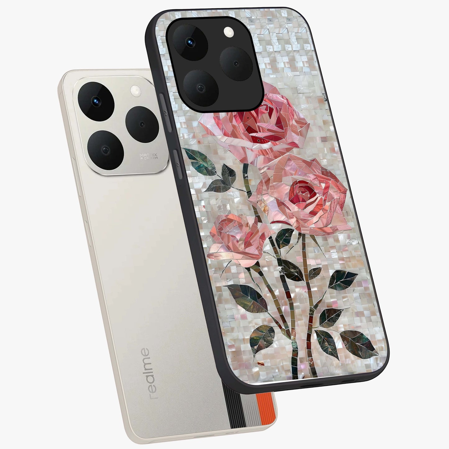 Blush Mosaic Bloom Glass Case displayed in angled mockup highlighting artistic mosaic flower pattern with aesthetic design.