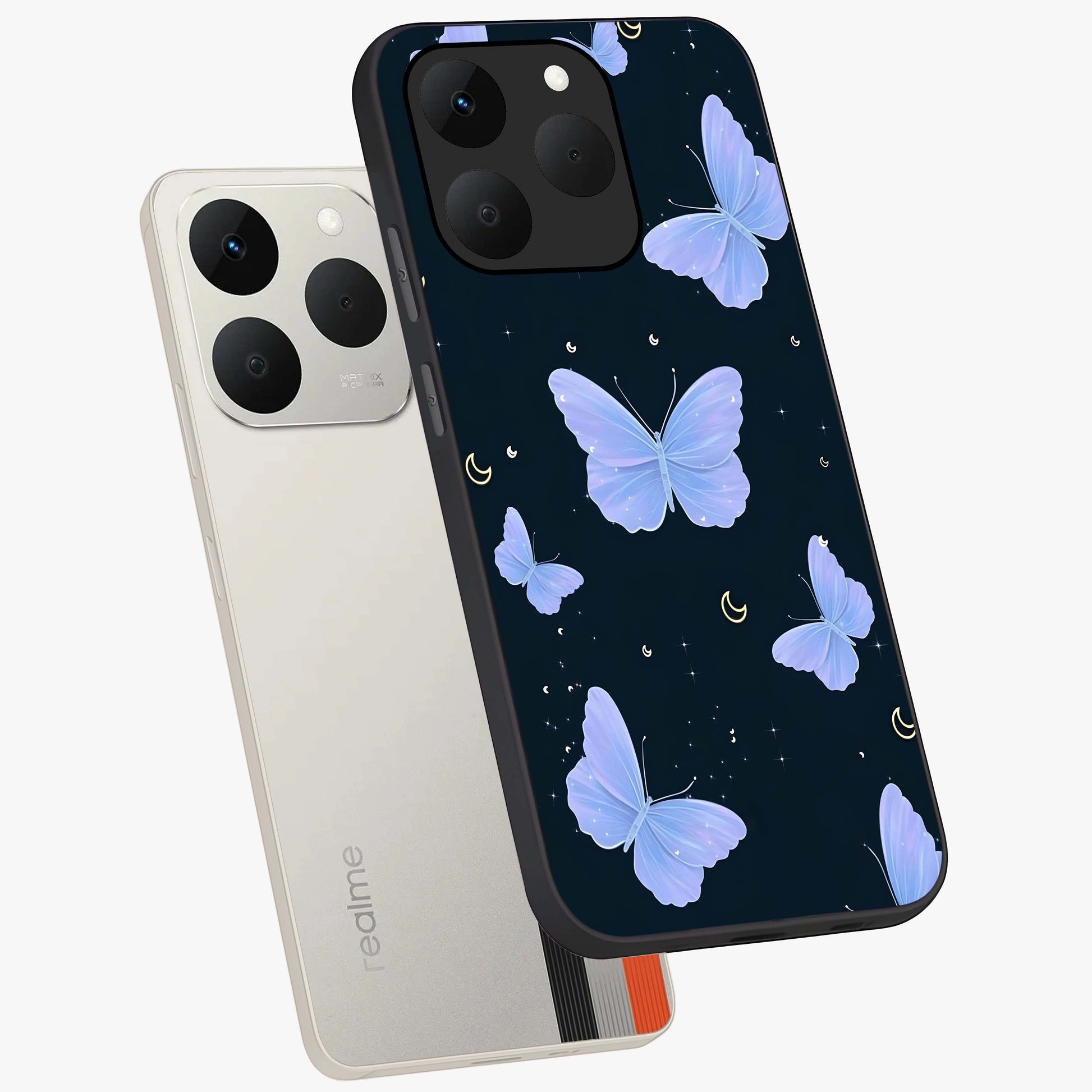 Butterfly With Stars Pattern Glass Case displayed in angled mockup highlighting dreamy butterfly and star design with aesthetic theme.