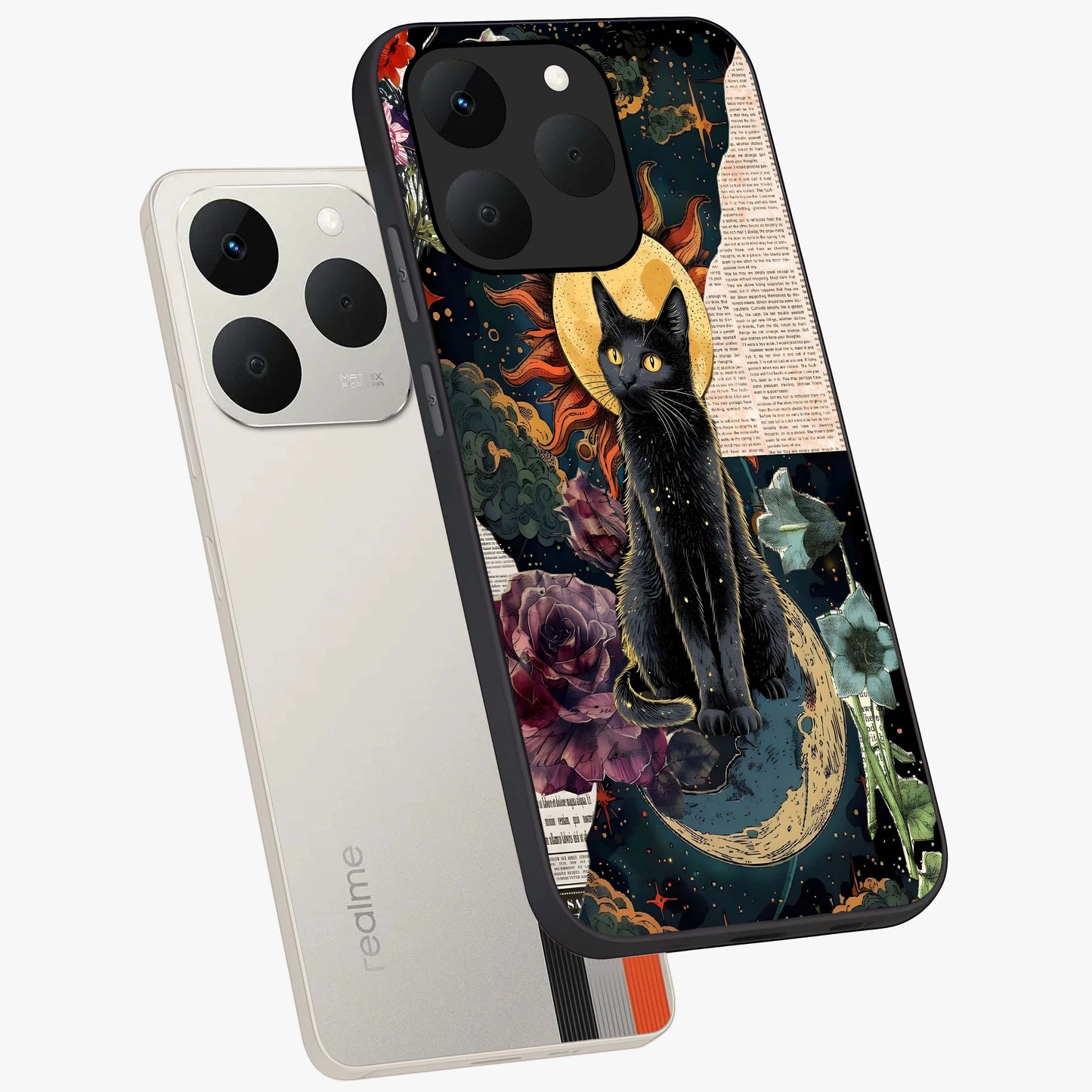 Celestial Black Cat Glass Case displayed in angled mockup highlighting cosmic black cat design with celestial aesthetic.