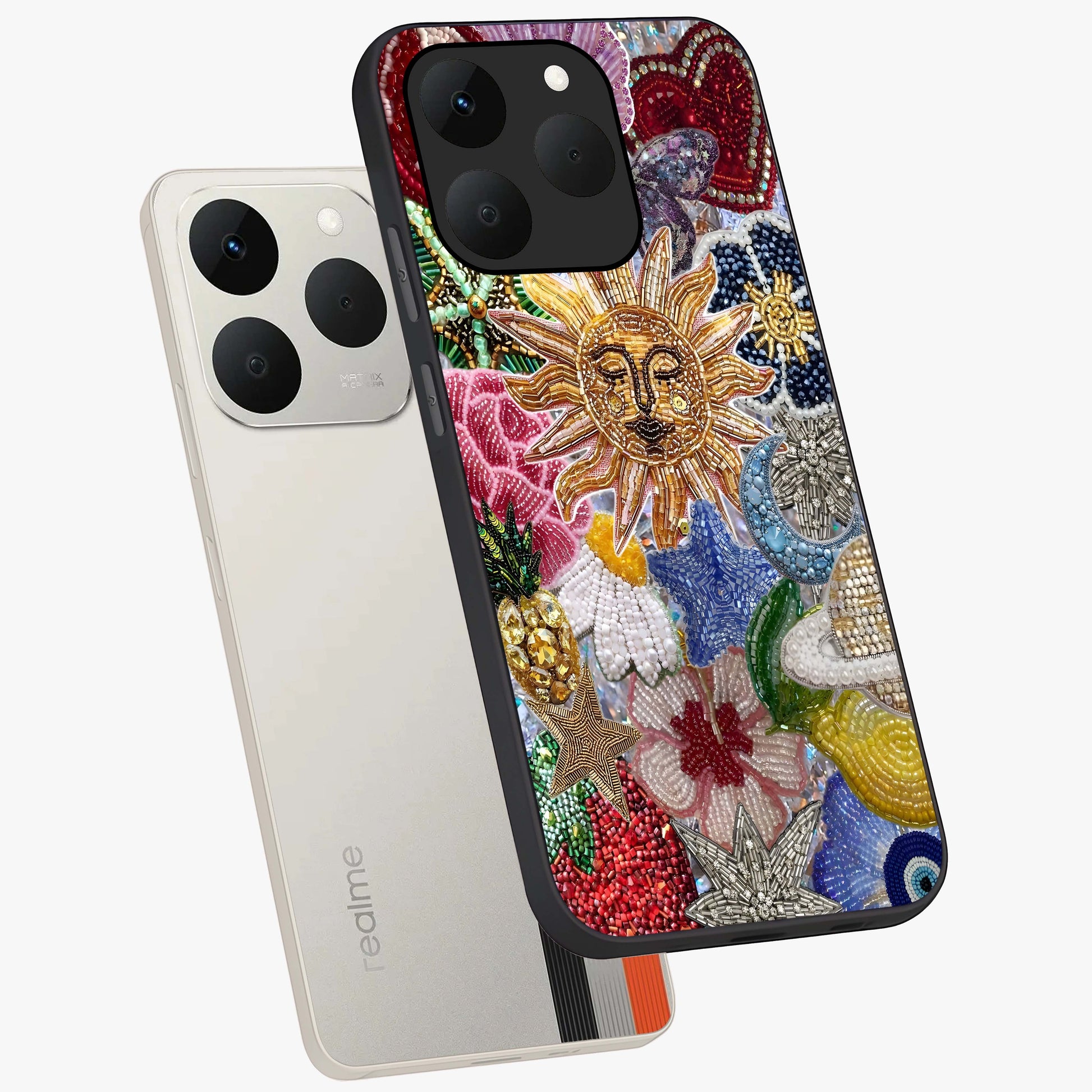Celestial Floral and Playful Glass Case displayed in angled mockup highlighting playful floral design with dreamy celestial elements.