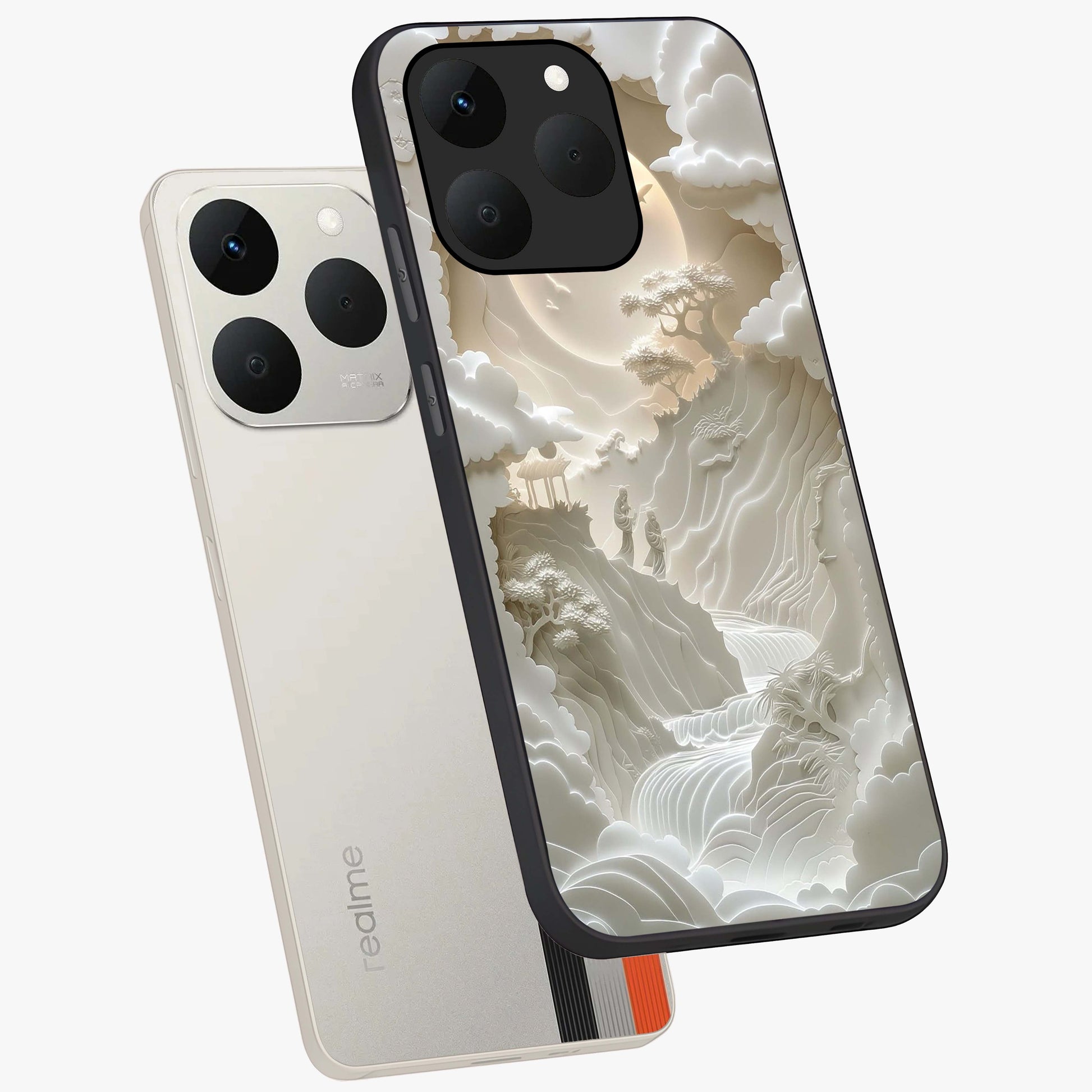 Celestial Origami Glass Case displayed in angled mockup highlighting geometric origami design with cosmic aesthetic theme.