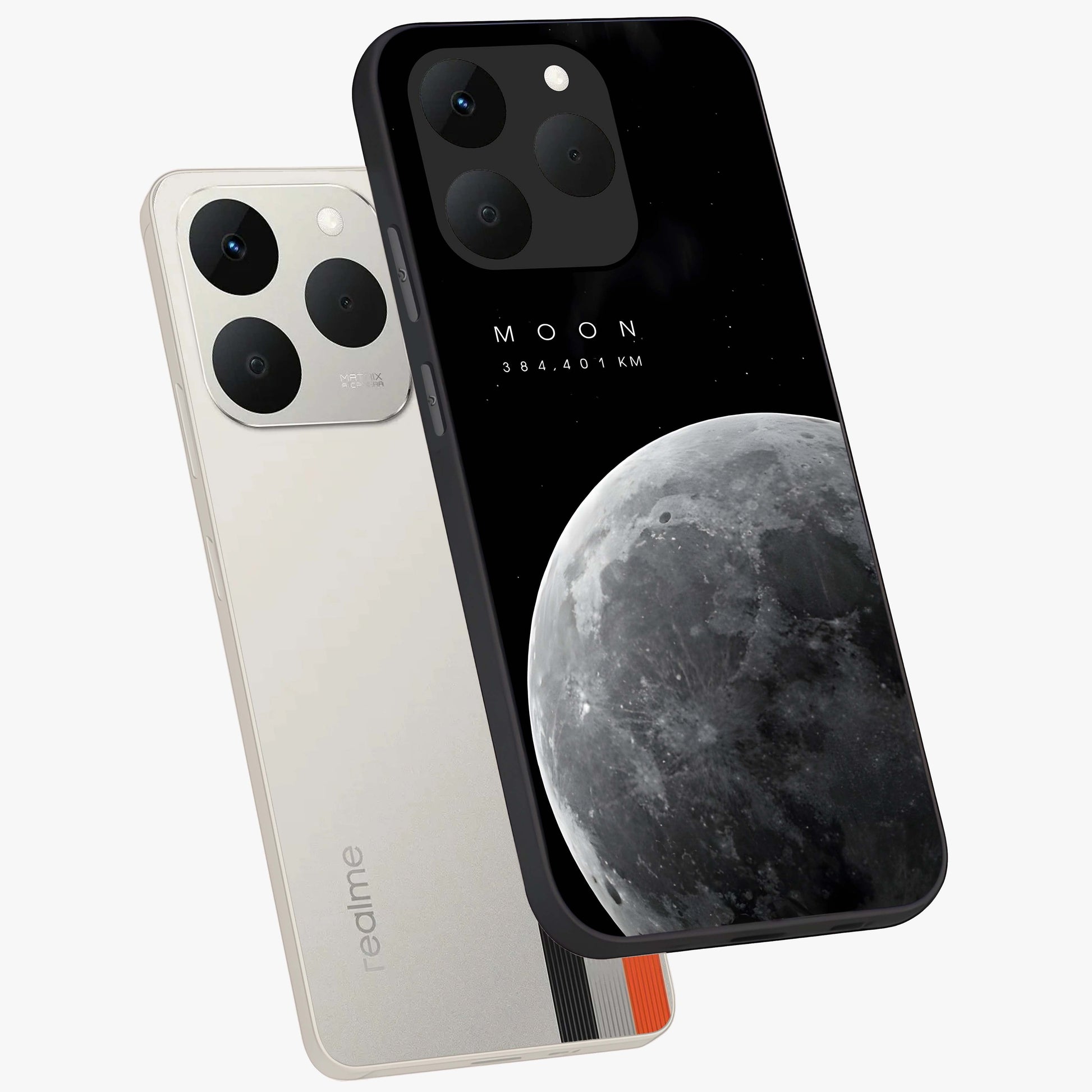 Cosmic Moon Glow Glass Case displayed in angled mockup highlighting celestial moon design with cosmic aesthetic theme.
