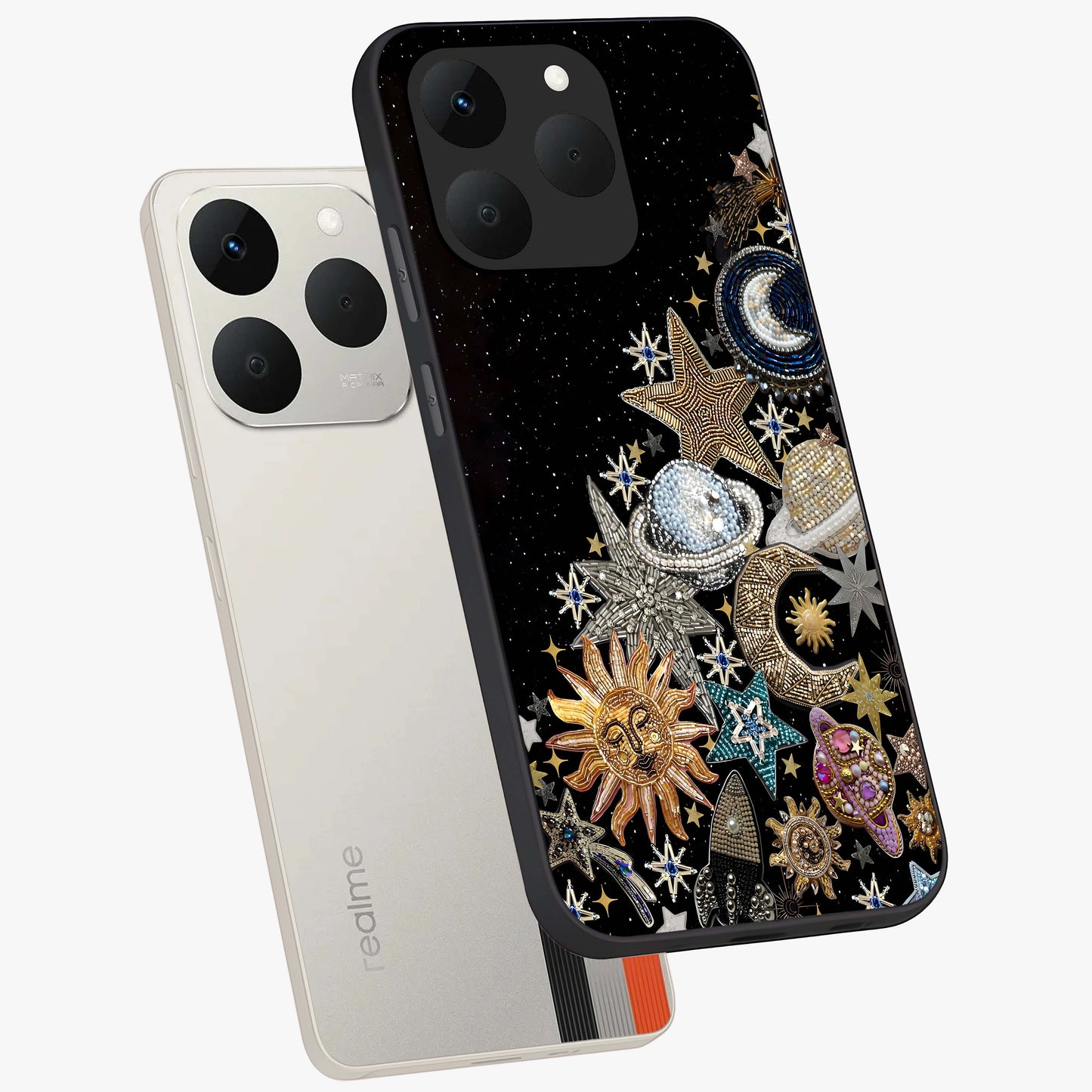 Cosmic Sparkle Dreams Glass Case displayed in angled mockup highlighting dreamy star sparkle design with celestial aesthetic.