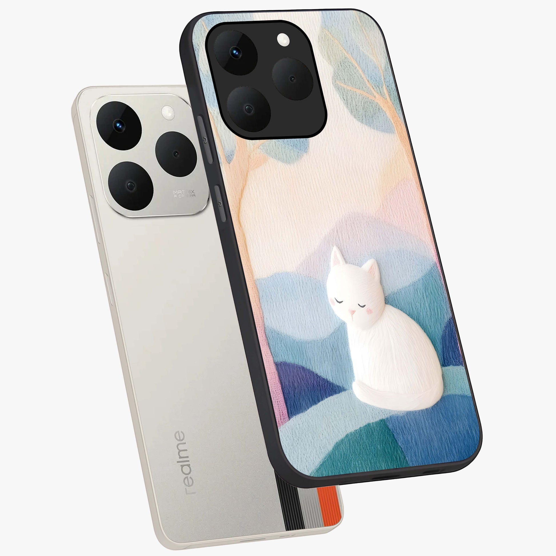 Cotton Dream Cat Glass Case displayed in angled mockup highlighting cute feline illustration with pastel aesthetic style.
